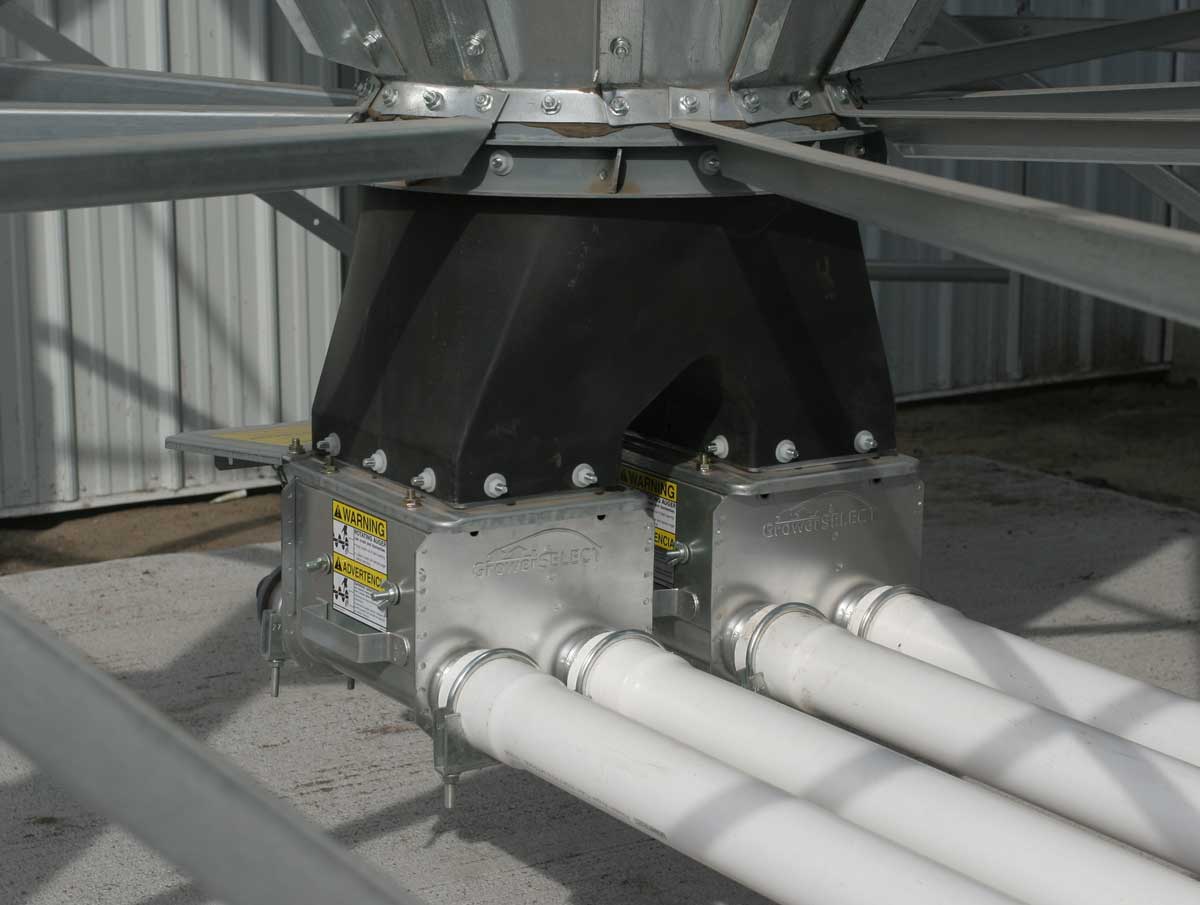 GrowerSELECT® Double Black upper bin boot provides flexibility and options for complex feeding scenario needs. Shown installed with matching twin unloader weldments.