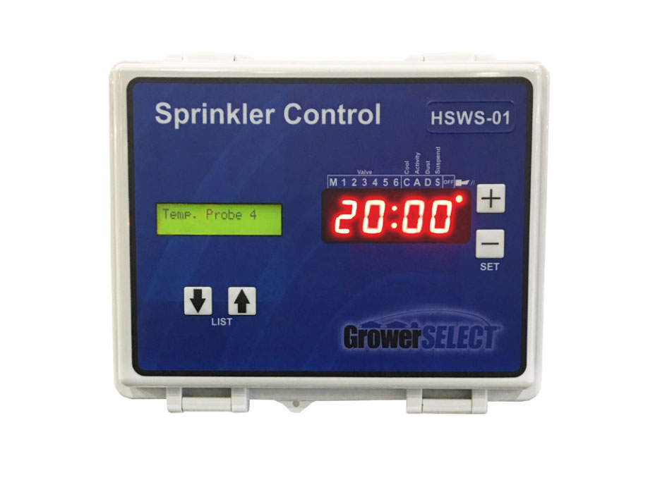 The GrowerSELECT Poultry Sprinkler Control Unit features programmable set points and operates on a three stage system to manage operation frequency and minimize heat stress in poultry barns. 